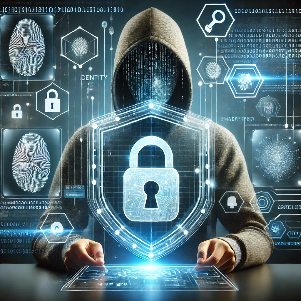 DALL·E 2025-06-29 02.46.34 - A realistic digital image symbolizing identity protection. The scene shows a person holding a transparent digital shield in front of their body, with .webp